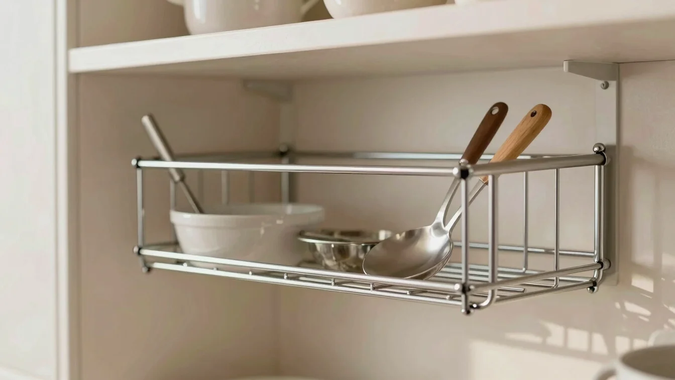 Close-up of sleek, modular kitchen storage racks in stainless ste