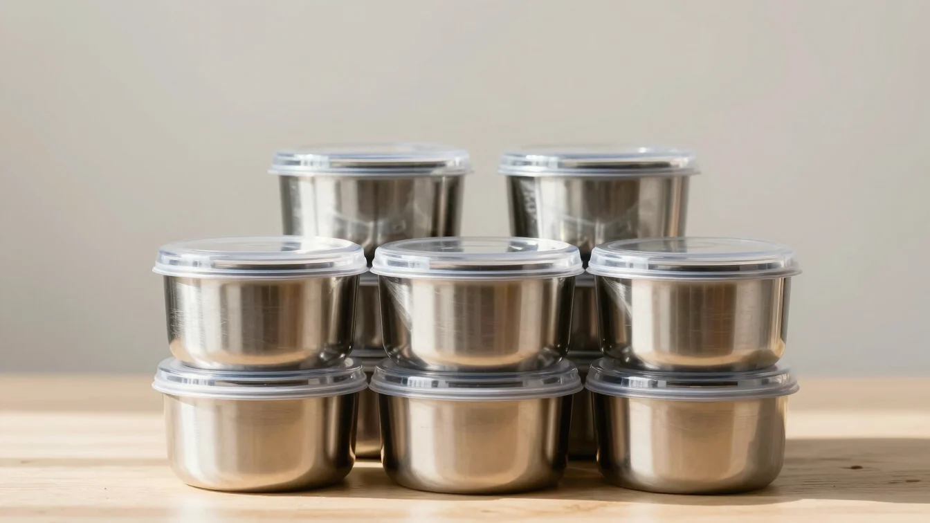 Neatly stacked stainless steel spice containers with clear lids,