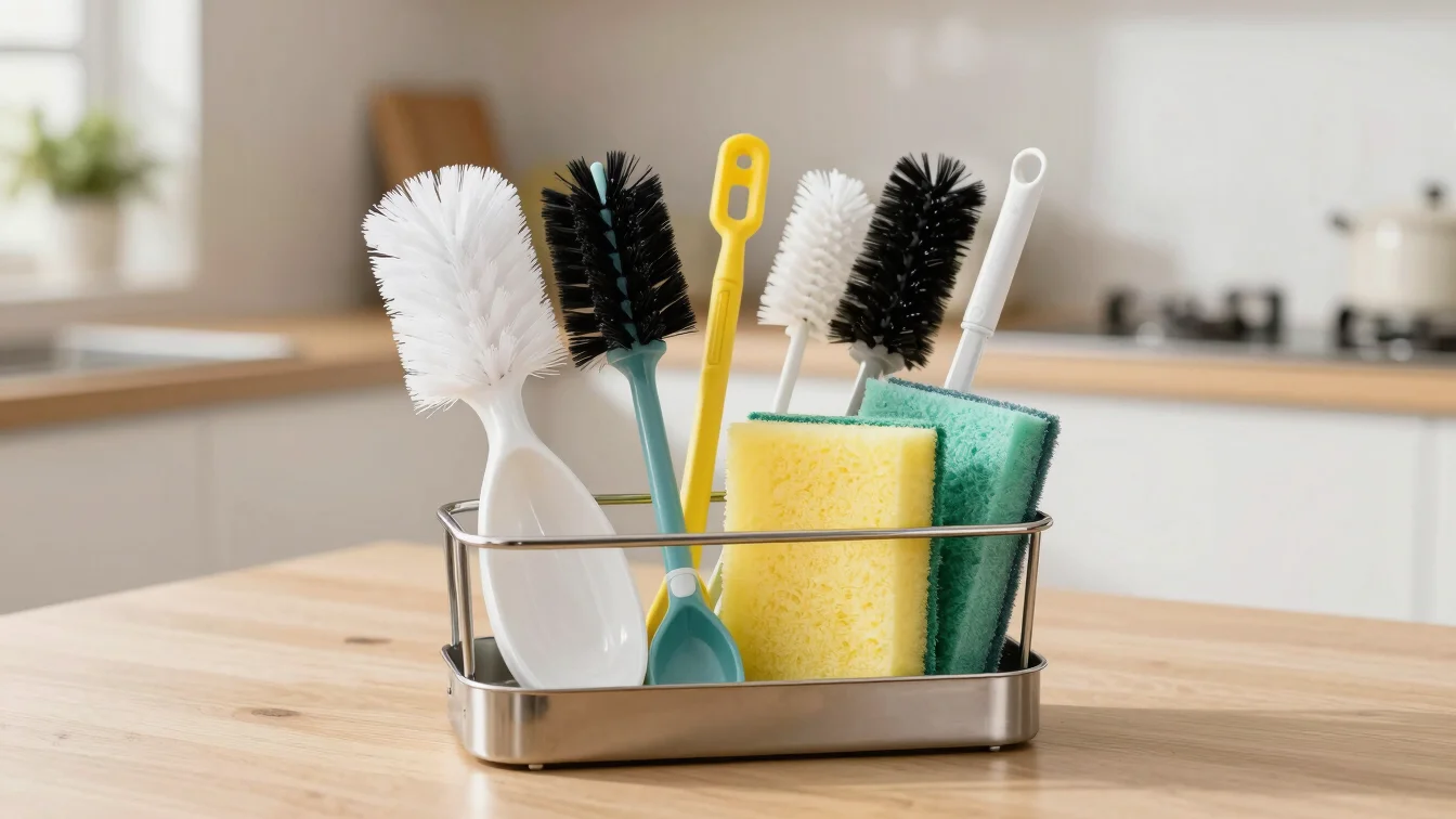 Arrangement of modern cleaning tools, such as brushes and sponges