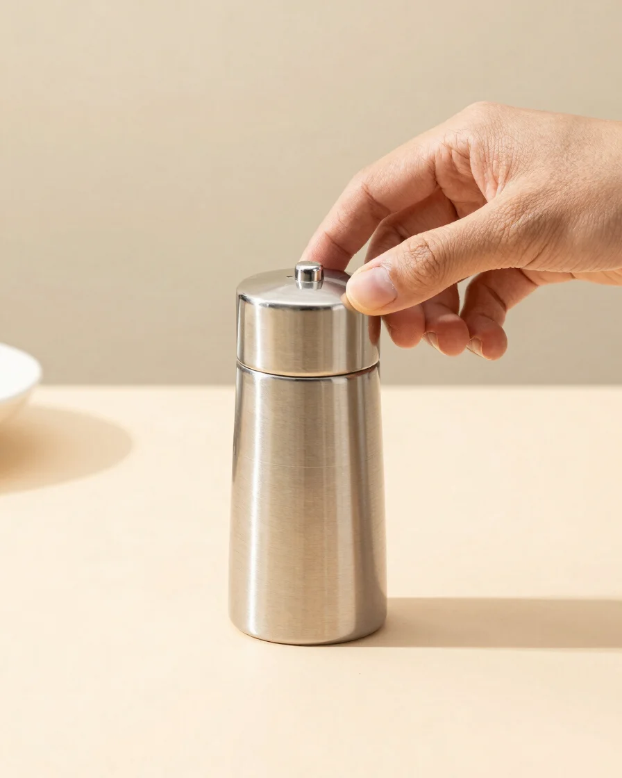 Close-up of hands polishing a stainless steel spice container on a clean warm neutral background, soft natural daylight,