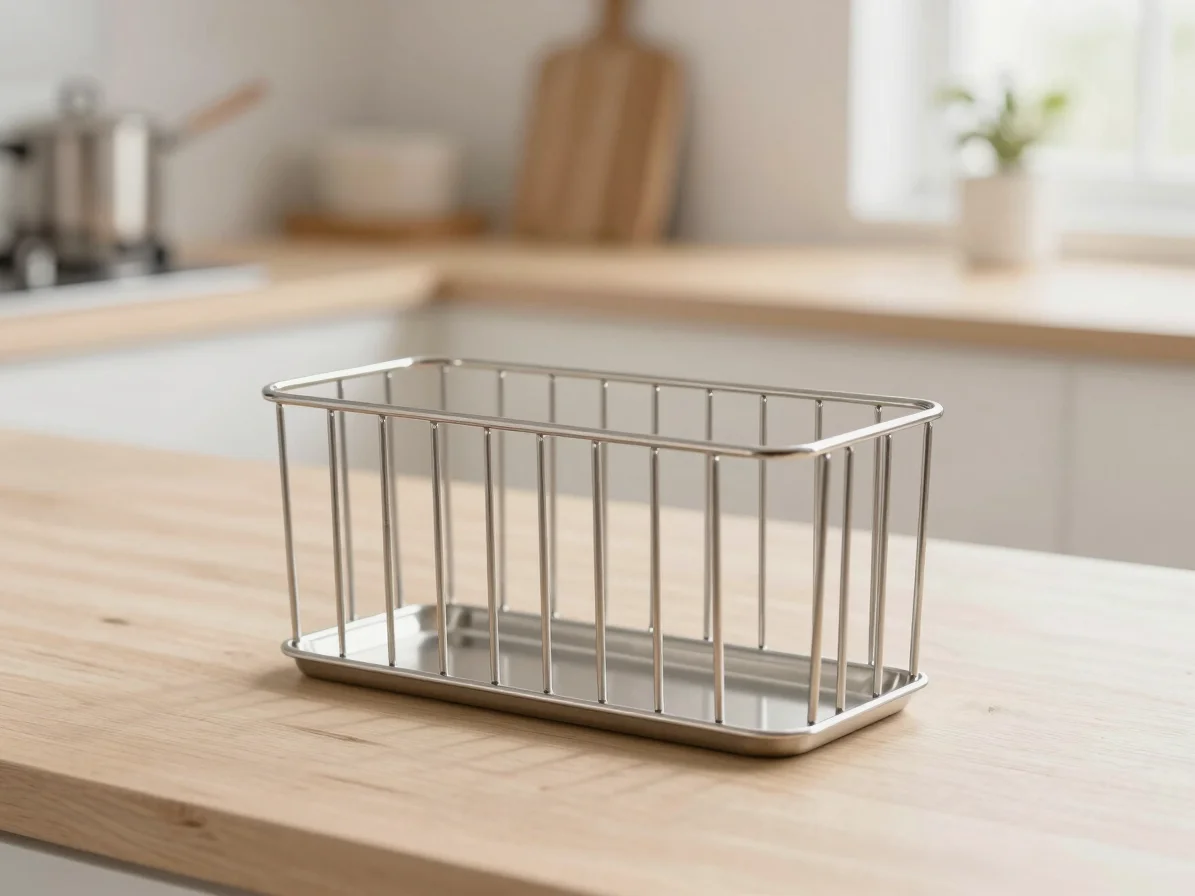 Close-up of a stainless steel kitchen organizer, highlighting material quality and finish, soft natural daylight.