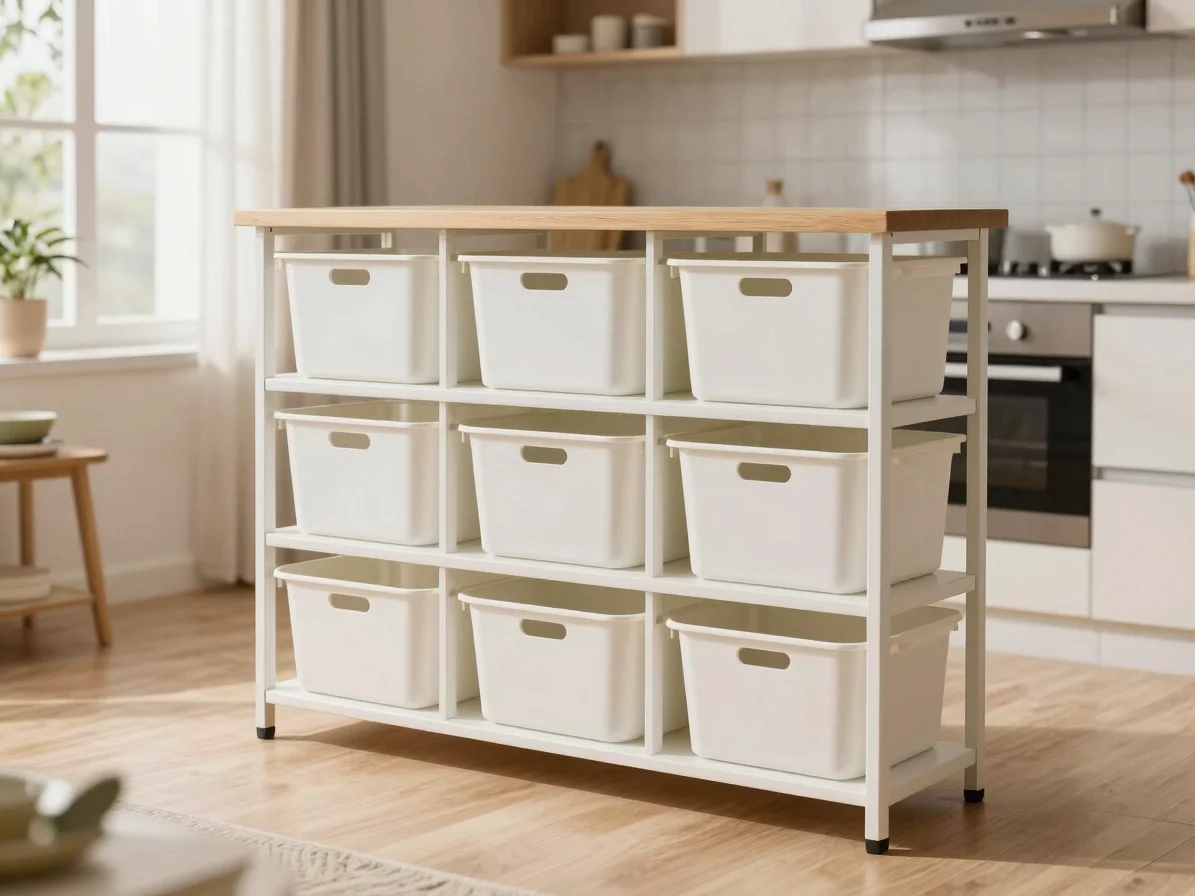 Modular storage racks neatly arranged in a contemporary Indian apartment kitchen, showcasing space efficiency, soft natu