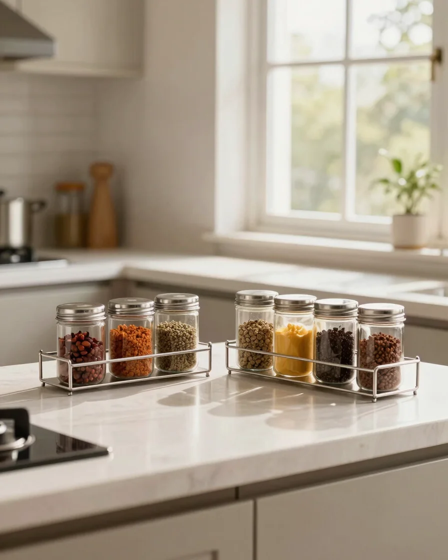 Wide panoramic shot of a modern Indian kitchen countertop, bright